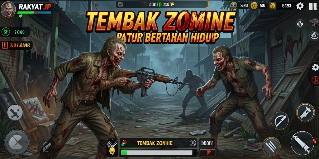 Antarmuka RAKYATJP yang menegangkan saat bertempur melawan zombie.